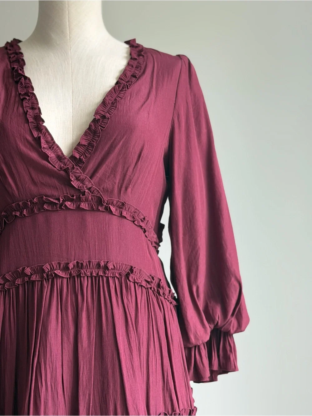 Mustard Seed Ruffle Tiered V-Neck Dress - Wine